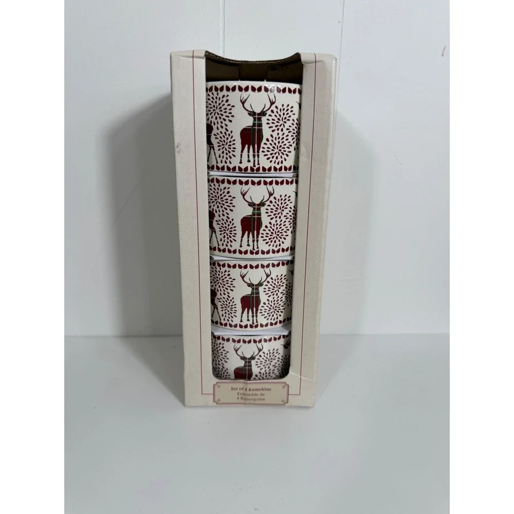 The Bakeshop by Masterclass Reindeer Ramekins Set of 4 Christmas Plaid Holiday